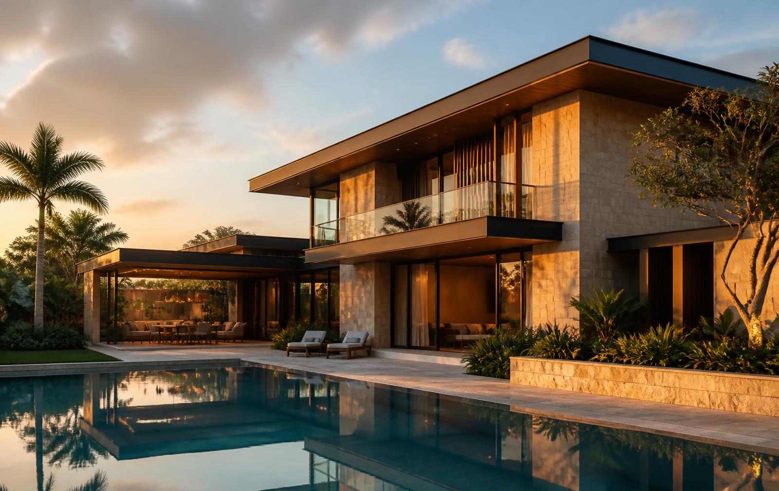 Completed contemporary villa at golden hour