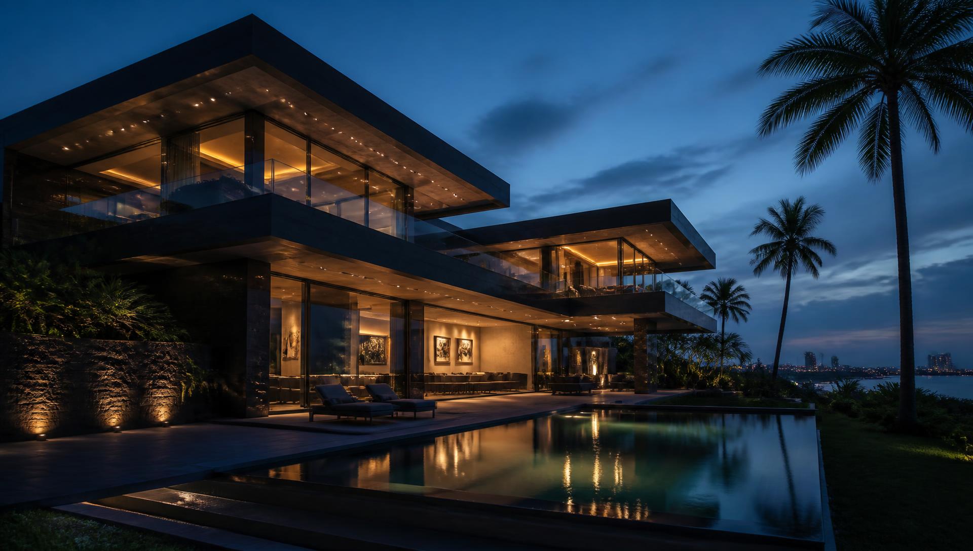Luxury contemporary mansion at twilight in Accra