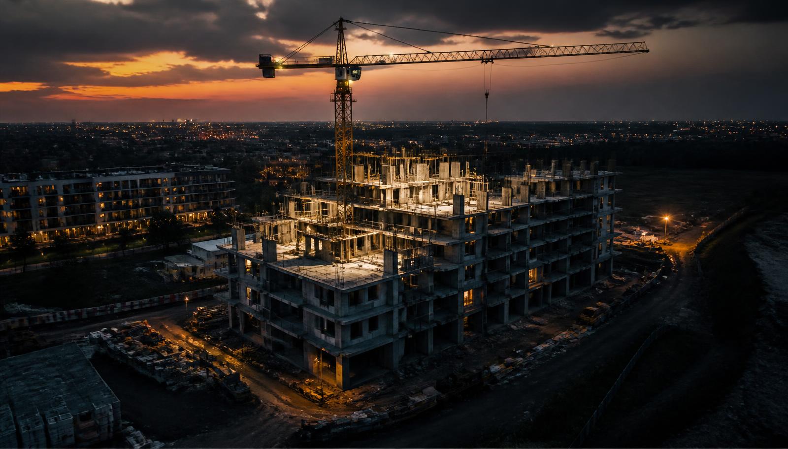 Aerial view of an active luxury construction site at dusk