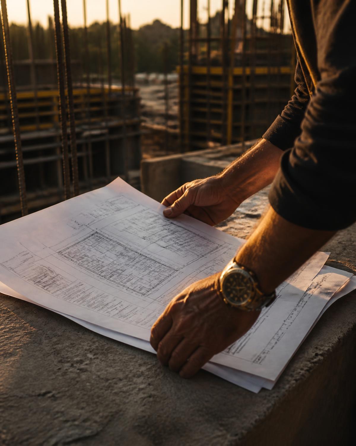 Master builder reviewing architectural blueprints on site